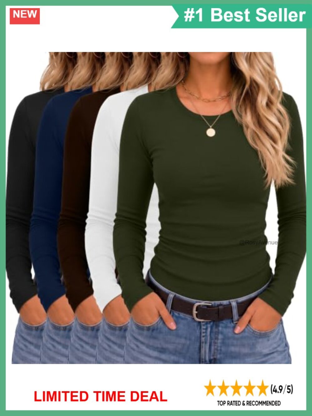 5 Pack Women's Long Sleeve Slim Fit Crew Neck T-Shirts